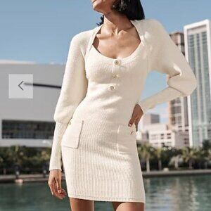 NWT Express Square Neck Balloon Sleeve Novelty Button Mini Sweater Dress - XL